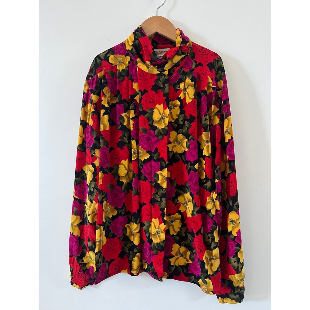 Mark Shale Vintage Floral Silk Blouse Top Button Up Long Sleeve Multicolor